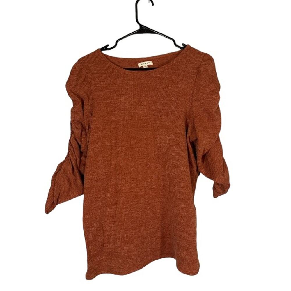 Max Studio Women’s Burnt Orange 3/4 Ruched Sleeve Boat Neck Knit Blouse Sz Large